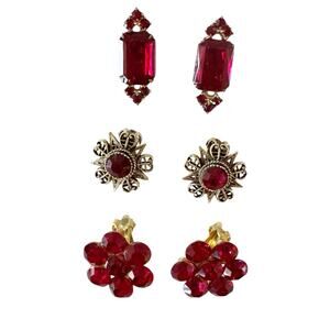 Three Pairs Of Vintage Clip On Earrings Red Rhinestones Costume Jewelry
